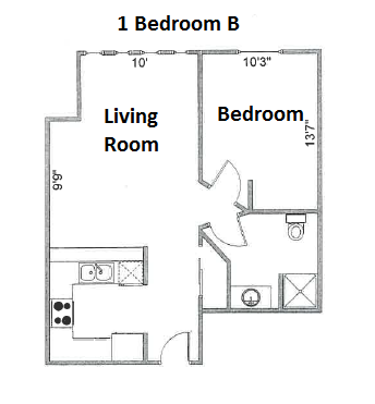 Floor plan for 1 bed, 1 bath, 550 sqft